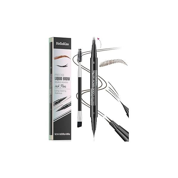 9708 2-Tip Double-Ended Eyebrow Pen, 2-in-1, with Brush. Waterproof and Sweat Proof,Precise Liquid Brow, 5 Shades, Long-Lasting(5#Black)