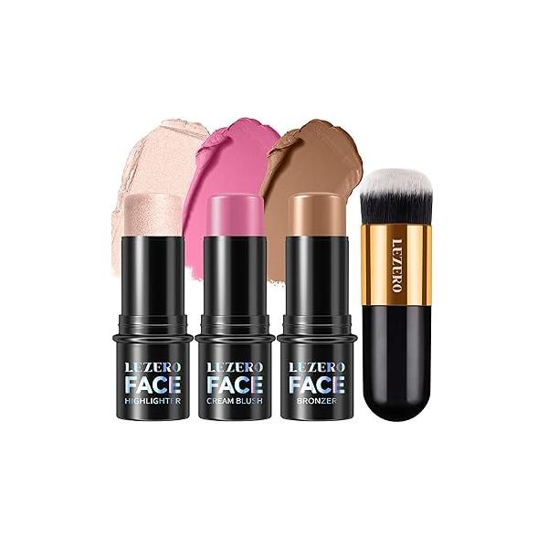 Lezero 3Pcs Contour Stick Makeup Kit, Shades with Highlighter, Blush and Bronzer Trio for Sculpt the Cheeks Body, Long Lasting, Smooth, Dewy & Matte Finish, LIGHT MEDIUM (02,05,06)