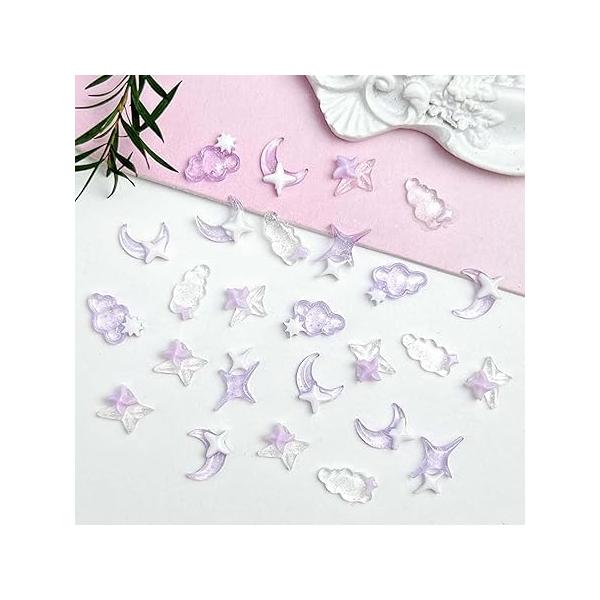 100Pcs Star Nail Charms Purple Art Moon Cloud Design Cute Rhinestone 3D Resin Nails for Women Acrylic Manicure Supplies Decoration Accessories