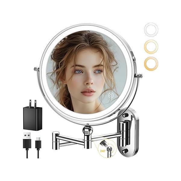 9" Wall Mounted Lighted Makeup Mirror,4000mAh Rechargeable Double Sided 1X/10X Magnifying Mirror with Light,3 Color Lights,Touch Dimmable,Extended Arm 360 Rotation