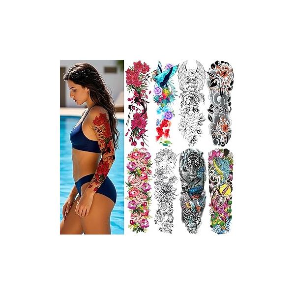 8 Sheets Full Arm Temporary Tattoos for Adults, Waterproof Realistic Flower Bird Feather Fake Sleeve For Women and Men, Tiger Fish Tattoo Set Hand Body Art Party Celebration Cosplay