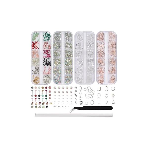 WOKOTO 4 Box Mix-Style Nail Crystals Rhinestones Silver Rose Gold Studs Charms For Women Art Colorful Pointed Fake Diamonds And Flatback Ab Kit With Tweezers Picker Pencil