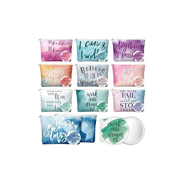 40 Pcs Employee Appreciation Gifts 10 Inspirational Canvas Makeup Bags Compact Mirrors Bulk Cosmetic Round Portable Pocket Mirror Thank You for Women (Motivation)