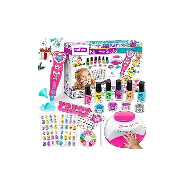 BATTOP Kids Nail Polish Set for Girls, Art Kits with Dryer & Glitter Pen, Quick Dry Peel Off Non-Toxic Polish, Christmas Birthday Gifts Girls Ages 6 7 8 9 10 11 12