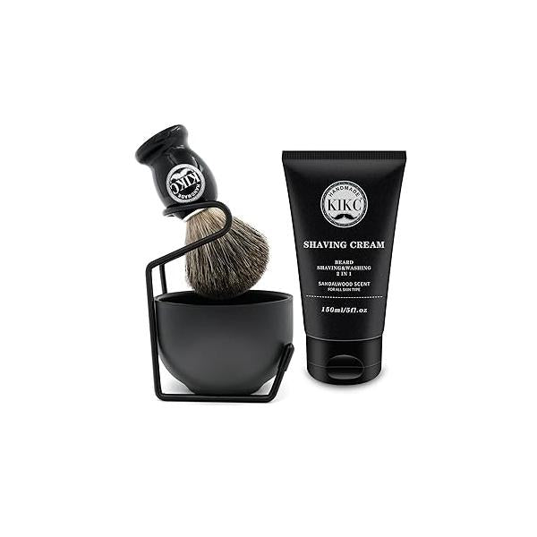 5 in 1 Shaving Kit for Wet Shave, Set Includes Hand Crafted Pure Badger Shave Brush, Stainless Steel Lathering Soap Bowl, Brush Stand, Cream, Best Gift Bearded Man, Deluxe Black