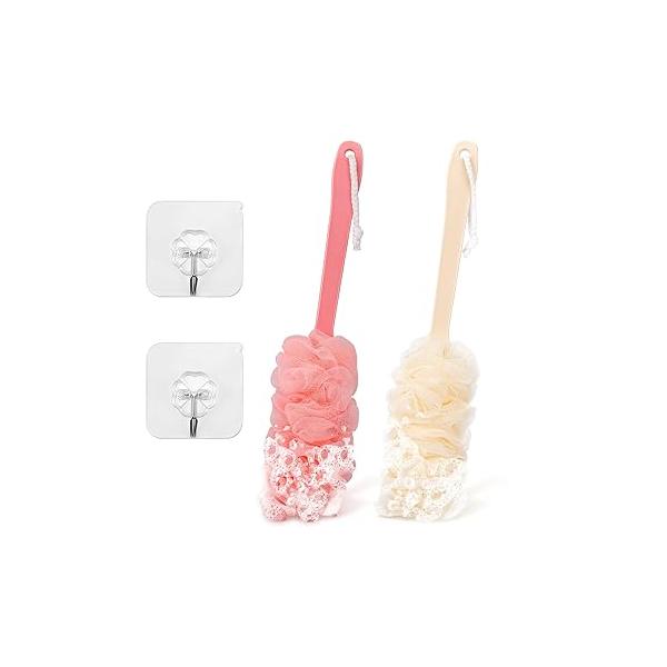 2Pack Back Scrubber for Shower Loofah with Long Handle, Brush Body, 17″ on a Stick Men Women Bathing Accessories, Sponge Exfoliating Bath Brushes (Beige & Pink)