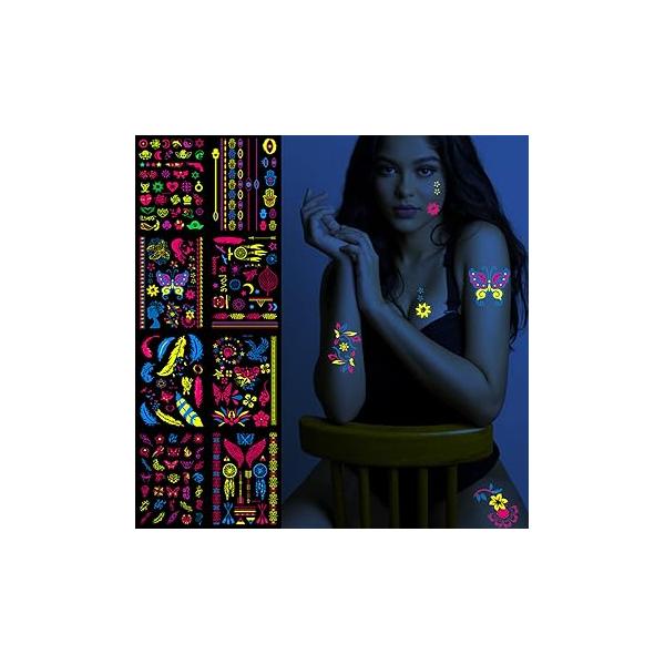 8 Large Sheets Neon Temporary Tattoos 100+ Glow UV Jewellery Body Shimmer Tattoo Black Lights Fake Skin Party Accessories Stickers for Women Girls Face Art