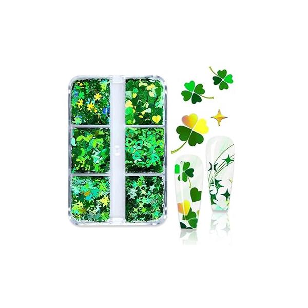 St. Patrick's Day Nail Art Glitters 3D Holographic Sequins Green Mixed Star Heart Flower Clover Designs Supplies Sparkle Glitter for Decoration Makeup Resin Mold DIY