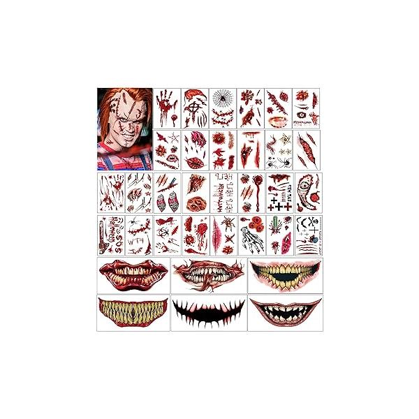 Bulk Halloween Temporary Tattoos Face Tattoo for Adults, Decoration Fake Scars Zombie Horror Bloody Women Girls,Wounds Party Cosplay Costumes Accessories