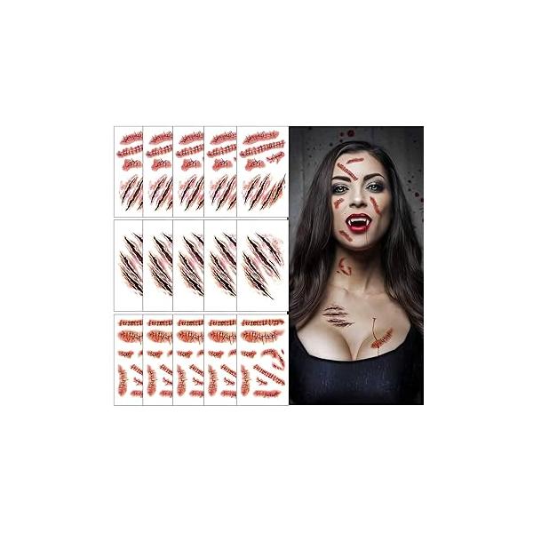Halloween Scar Scab,15 Sheets Waterproof Temporary Tattoos Sticker for Masquerade, Prank Makeup Props,Party Costume