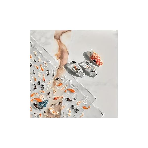 5D Red Fish Nail Stickers Relief Koi Goldfish Art Self Back Adhesive Chinese Style Decals for Women Girls Accessories DIY
