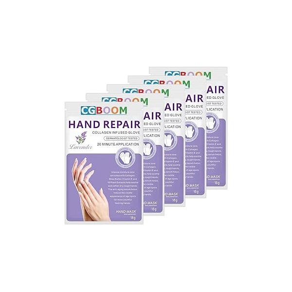 CGBOOM 5 Pairs Hand Masks Moisturizing Gloves, Skin Repair Renew Mask Infused Collagen, Vitamins + Natural Plant Extracts for Dry, Aging, Cracked Hands (Honey and Milk)