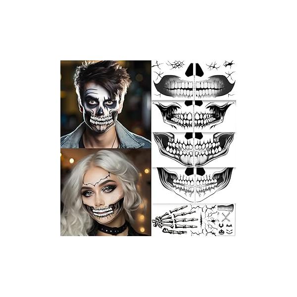 Skeleton Face Tattoo - Halloween Temporary Skull Tattoos, Mouth Stickers for Face, Costumes and Accessories Men Women (A)