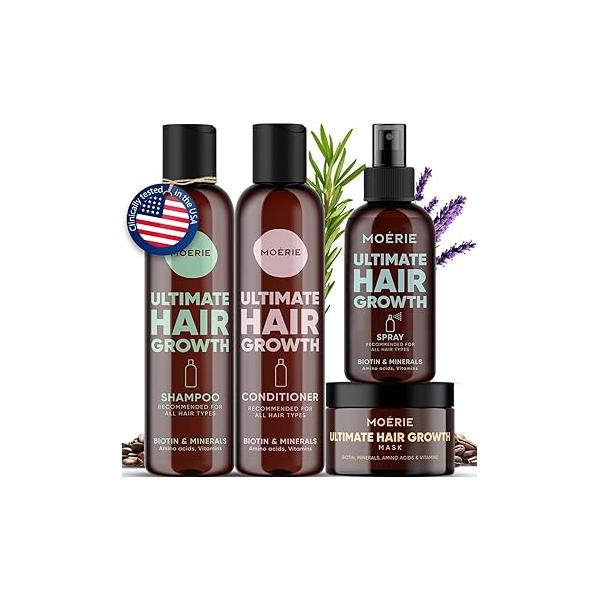 Moerie Shampoo and Conditioner Plus Hair Mask Spray Mega Pack - The Ultimate Growth Care For Longer, Thicker, Fuller - Volumizing Products Paraben & Silicone Free (Set of 4)