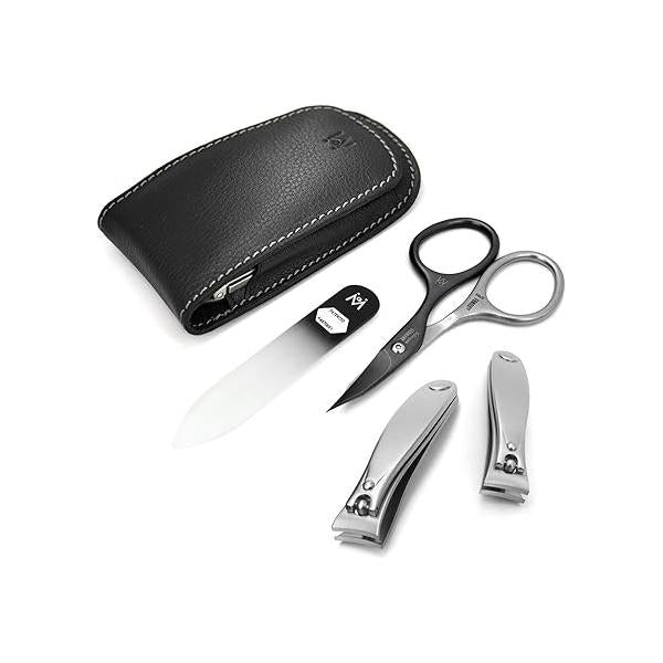 GERMANIKURE 4pc Manicure Set - Handmade in Solingen Germany, FINOX High Carbon Stainless Steel: Nail Clippers, SELF Sharpening Combination Scissors, Czech Glass File Leather Case