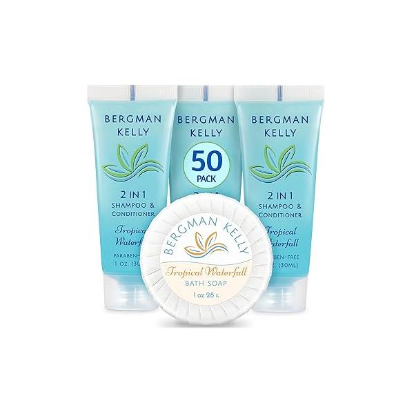 BERGMAN KELLY Round Soap Bars, 2in1 Shampoo & Conditioner 2-Piece Set (Tropical Waterfall, 1 oz each, 100 pc), Delight Your Guests with Revitalizing Refreshing Sanitary Toiletries Hotel Amenities