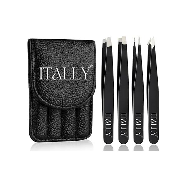 4pcs Tweezers Set - Professional Eyebrows Premium Stainless Steel Great Precision for any Facial Hair, Splinter, Blackhead & Ingrown Hair Removal (Black)
