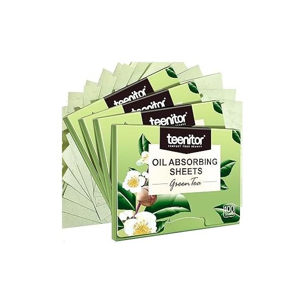 Teenitor Oil Blotting Sheets for Face, 400 Green Tea Absorbing Paper Oily Skin, Absorbent Pads Face Wipes Women, Control Film Large 10cmx7cm