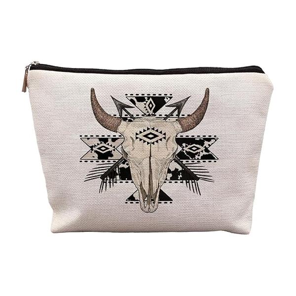 Aztec Makeup Bag, Ethnic Western Southwestern Navajo Cosmetic Bag for Women, Cow Gifts Geometric Wood Art Pouch