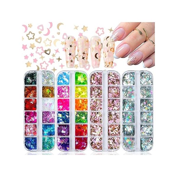 4 Box Nail Glitter for Press on Nails DIY Supplies, Chunky Acrylic Powder Fine Fake Decor, Holographic Shapes Flakes Sequins Charms Y2K-B