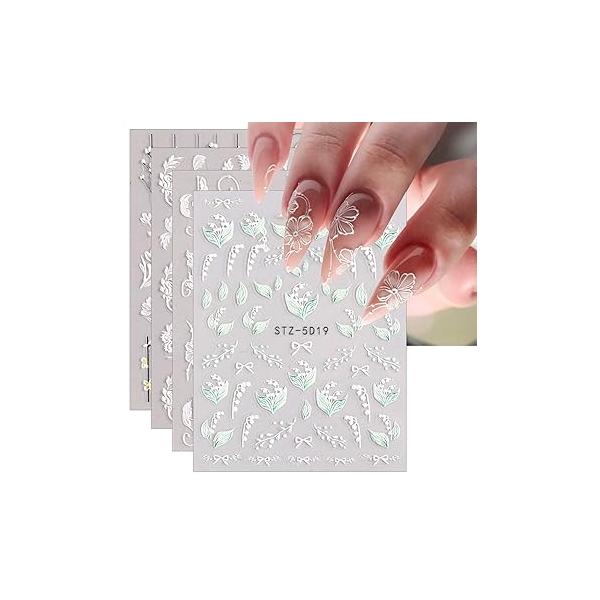 JMEOWIO 3D Embossed Spring Flower Nail Art Stickers Decals Self-Adhesive Pegatinas Uñas 5D Colorful Summer Floral Supplies Design Decoration Accessories 4 Sheets