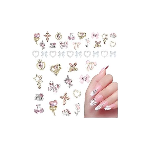 Barbiecore Nail Charms, Pink Gun Head Lip Heart Saturn Rhinestione Art Charms Jewelry Decorations Acrylic Gems Accessories for Women Girl DIY Crafts Supplies