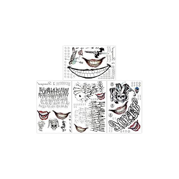 4 Sheets Large-Size Joker Tattoos, NEDEQI Halloween Fake Temp Tattoo for Men Adult - All Versions Realistic & Last Long Sticker Perfect Costumes Cosplay Makeup Party Accessories