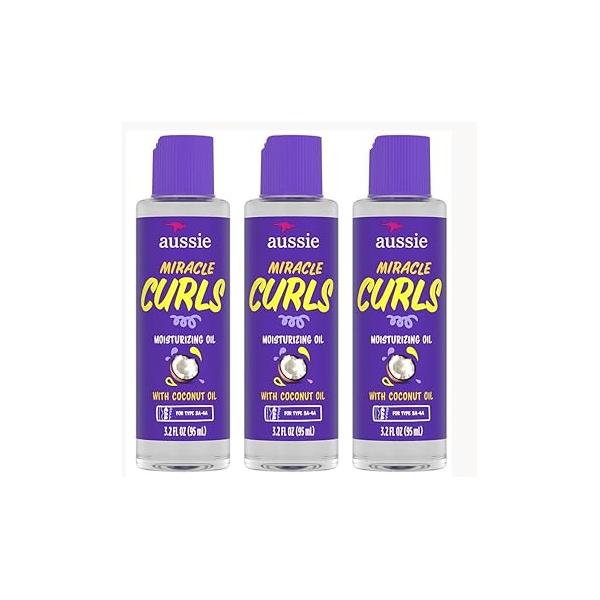 Aussie Miracle Curls Defining Oil Hair Treatment, 3 Pack, Coconut and Australian Jojoba Oil, For Dry, Curly, Kinky Wavy Hair, Reduce Frizz Add Shine, Paraben Free Formula, 3.2 oz Each