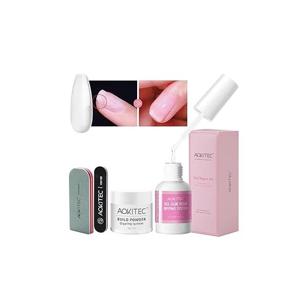 Aokitec 4 PCS Dip Powder Nail Repair Kit for Split Natural Nails, 28g Build & Glue, Quick Hardener Strengthener Damaged Weak Broken Nails