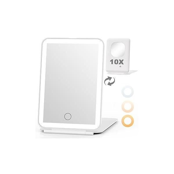 Rechargeable Travel Makeup Mirror with Light, Lighted Compact Vanity 1x/10X Magnification, 3 Dimmable Color LED Lights, Foldable Ultraslim Lightweight Portable Cosmetic