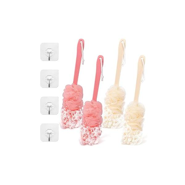 2Pack Back Scrubber for Shower Loofah with Long Handle, Brush Body, 17″ on a Stick Men Women Bathing Accessories, Sponge Exfoliating Bath Brushes (Beige & Pink)
