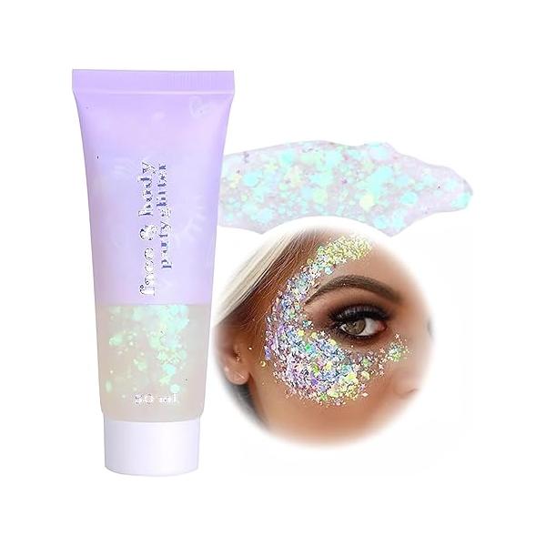 Body Glitter Gel, Face Glitters Gel Sequins Shimmer Liquid Eyeshadow, Chunky for Hair Nails, Holographic Cosmetic Laser Powder Festival Makeup 50ml (Golden Yellow)