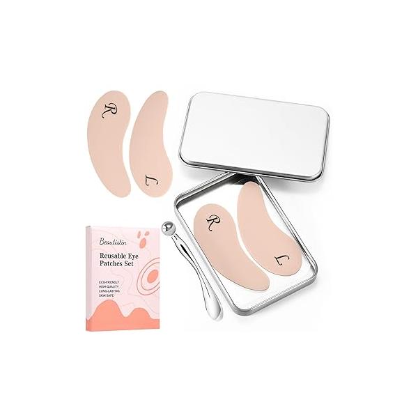 2 Pairs Reusable Under Eye Wrinkle Patches Silicone Mask, Plump Fine Lines & Wrinkles, with Metal Cream Applicator, Tin Case, Purple