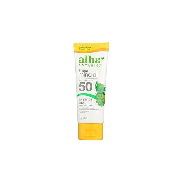 Alba Botanica Sheer Mineral Sunscreen Lotion, Broad Spectrum SPF 50, Fragrance Free, 3 fl oz (Packaging May Vary)