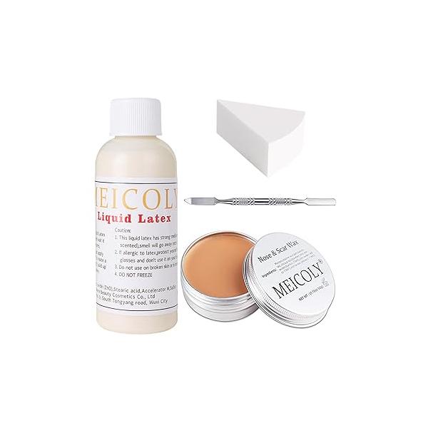 MEICOLY Scar Wax Kit with Spatula,Scar Makeup,Light Flesh Liquid Latex Sponge,Halloween Costume SFX Special Effects Makeup for Wound,Cut,Burn ,Skin Wrinkle
