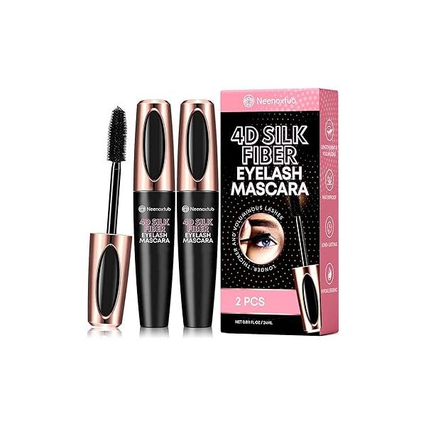 4D Silk Fiber Lash Mascara, Lengthening and Thick, Long Lasting, Waterproof & Smudge-Proof, Hypoallergenic Formula 2 Pack Black