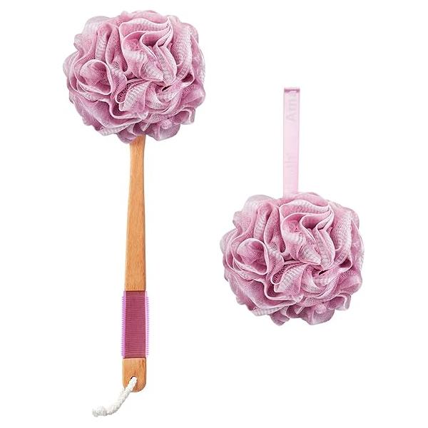 AmazerBath Shower Sponge Loofah Back Scrubber, PE Soft Mesh Body Scrubber with Long Wooden Handle, Bath for Men Women (Pink)