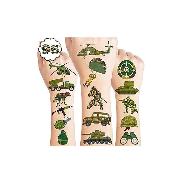 96 PCS Military Camouflage Temporary Tattoos Themed Army Birthday Party Decorations Supplies Favors Decor Camo Soldier Tank Helicopter Tattoo Stickers Gifts For Kids Adults Boys Girls Prizes Carnival