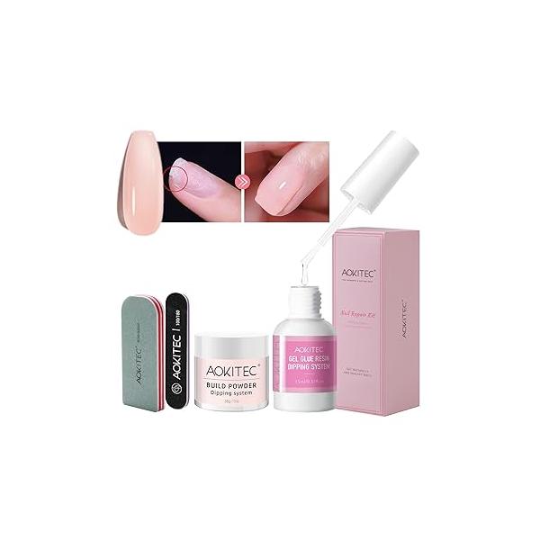 Aokitec 4 PCS Dip Powder Nail Repair Kit for Split Natural Nails, 28g Build & Glue, Quick Hardener Strengthener Damaged Weak Broken Nails