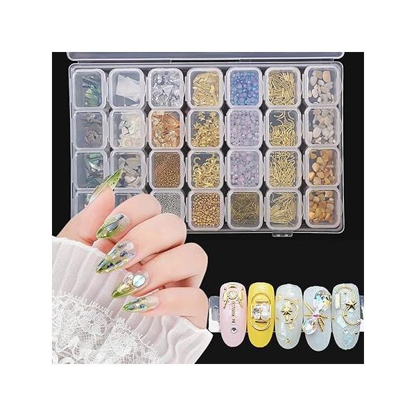28 Grids Nail Art Decorations, Mixed Abalone Seashell Slices Pearl Bead Gold Rivet Sutds Design, 3D Shiny Shell Glitter Flakes Set for Women Girls Manicure Acrylic Nails Supplies