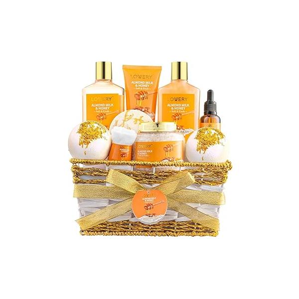 Gift Basket for Women - 10 Pc Almond Milk & Honey Beauty Personal Care Set Home Bath Pampering Package Relaxing Spa Self Kit Thank You, Birthday, Mom, Anniversary