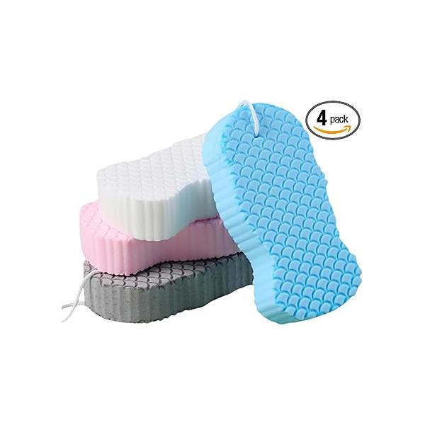 4pcs Exfoliating Bath Sponges, Body Scrubber,Soft Shower Sponge for Removing Dead Skin(Pink&Blue&White &Gray)
