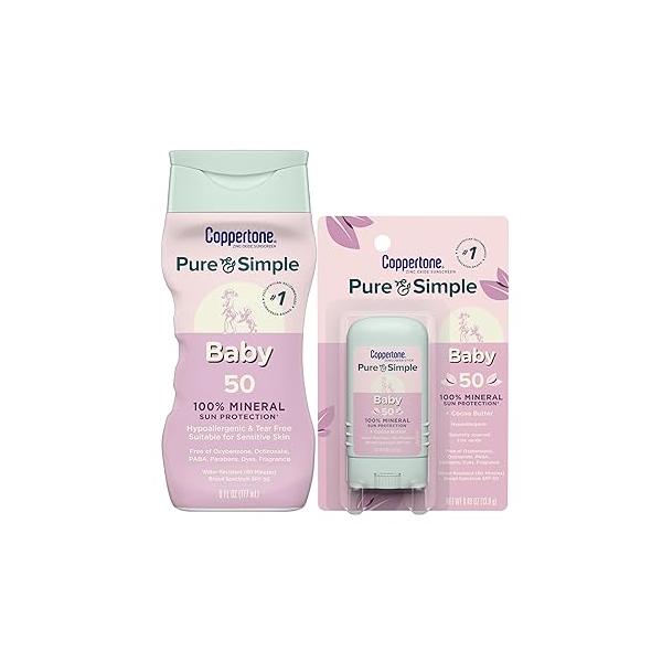 Coppertone Pure and Simple Baby Mineral Sunscreen Lotion SPF 50 (6 Fl Oz) + Stick (0.49 Oz), Hypoallergenic Tear Free
