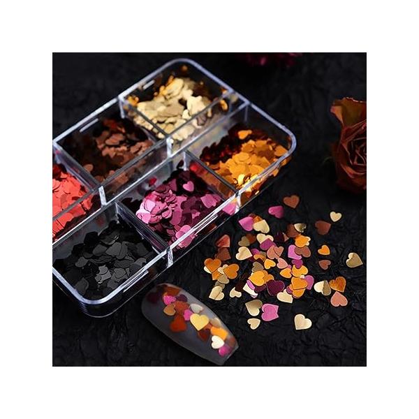 6 Jars Heart Nail Art Glitters Sequins Holographic Valentine's Day Glitter Red Love Designs Sequin Powder Hexagon Chunky Flakes Valentines Nails Decorations DIY Crafts