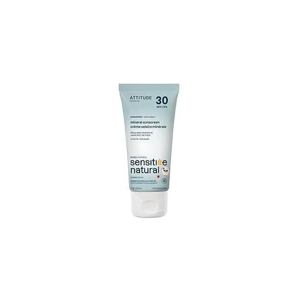 ATTITUDE Mineral Sunscreen for Baby and Kids with Sensitive Skin, EWG Verified, Broad Spectrum UVA/UVB, Dermatologically Tested, Plant Mineral-Based Formula, Vegan, SPF 30, Unscented, 2.6 Oz