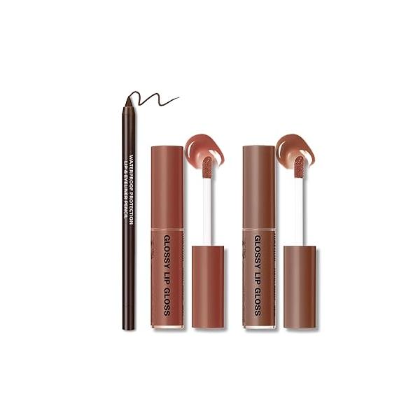 2 Colors Nourishing Lip Gloss Hydration Non-Sticky Plumping Kit for Women, Natural Nude Tinted Glow Oil Moisturizing Lightweight Long Wear Shiny Liquid Lipstick with Liner Combo