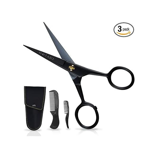 Ontaki 5" Professional German Beard & Mustache Scissors with 2 Comb Carrying Pouch for Men - Bevel Edge Precision Facial Hair Grooming Kit All Body Black Trimming