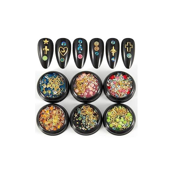 SILPECWEE 6 Boxes 3d Nail Charms Gold Art Flat Back Rhinestone Jewels Gems Pearls for Nails DIY Decoration with 1pc Tweezers, Picker Pencil