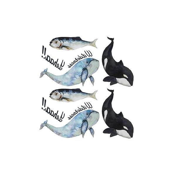 Small Cute Temporary Tattoo Sticker Set of 2 - Killer Whale Blue Fish Boys Girls Designs for Hand Neck Face Wrist, Waterproof Fake Body Art, Simple & Modern Unisex Skin Decals