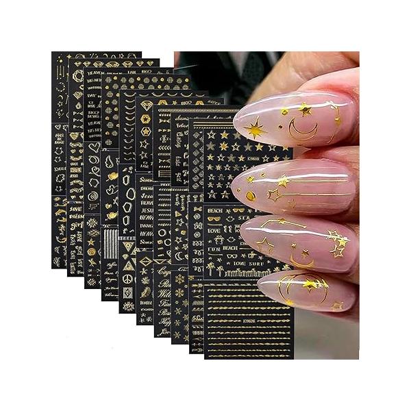 30 Sheets Gold Nail Stickers - French Tip Line Art 3D Self-Adhesive Geometric Star Letter Decal for Women